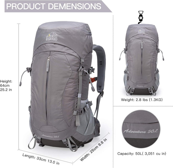 50Liters Unisex Lightweight Nylon Internal Frame Hiking Backpack with Integrated Rain Cover